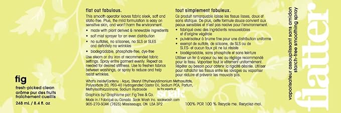 Flatter Smoothing Spray by Soak | Naturally-derived Wrinkle Release Spray | Starch-Free Alternative for Ironing, Quilting & Sewing | 8oz | (Fig)