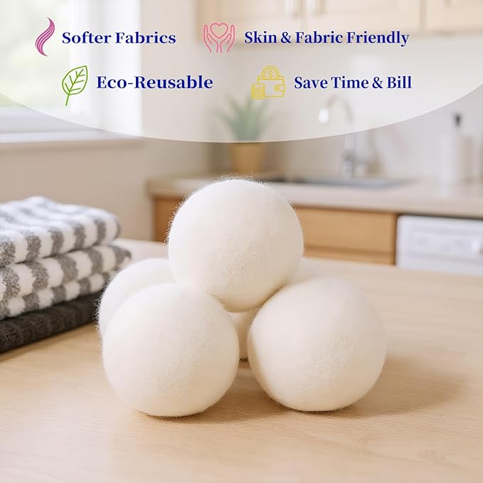 Wool Dryer Balls 6-Pack L - Natural Reusable Laundry Fabric Softener, Reduces Wrinkles & Drying Time, Hypoallergenic, Leaves Fabrics Naturally Soft and Fluffy