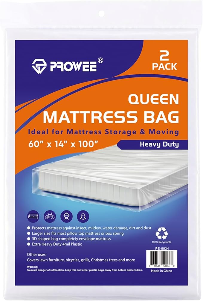2 PK 4Mil Queen Mattress Bags for Moving – Heavy Duty Plastic Cover for Storage & Disposal, Waterproof & Tear-Resistant Moving Supplies