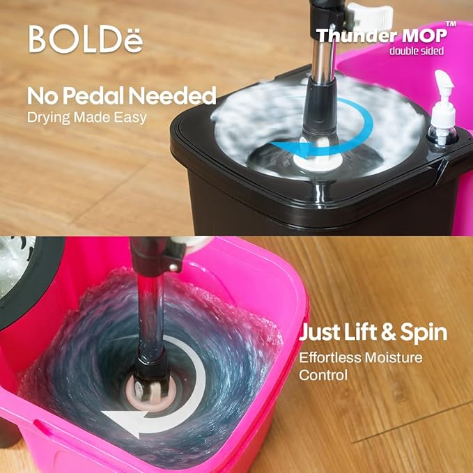 Thunder Mop Spin System - Double-Sided - 2 Compact Stackable 6L Buckets, Microfiber Head, Stainless Steel Wringer, Antifungal Quick-Dry Cleaning, Soap Dispenser, 3 Free Refills (Yellow/Blue)