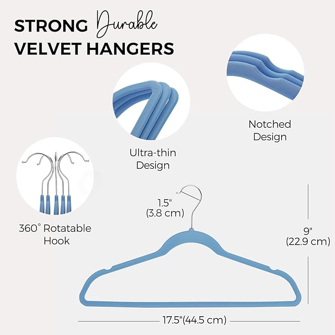 HOUSE DAY Premium Velvet Hangers 50 Pack Blue, Non-Slip Flocked Felt Hangers, Sturdy Clothes Hanger with 360° Rotatable Hook, Heavy Duty Durable Slim Coat Hanger for Closet Space Saving