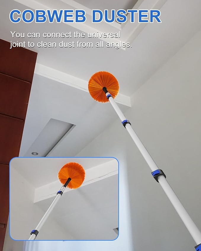 26 Foot High Reach Duster Kit with 5-20 ft Telescoping Extension Pole, High Ceiling Duster, Cobweb Duster, Window Squeegee, Feather Duster, Outdoor & Indoor Extendable Duster Cleaning Kit