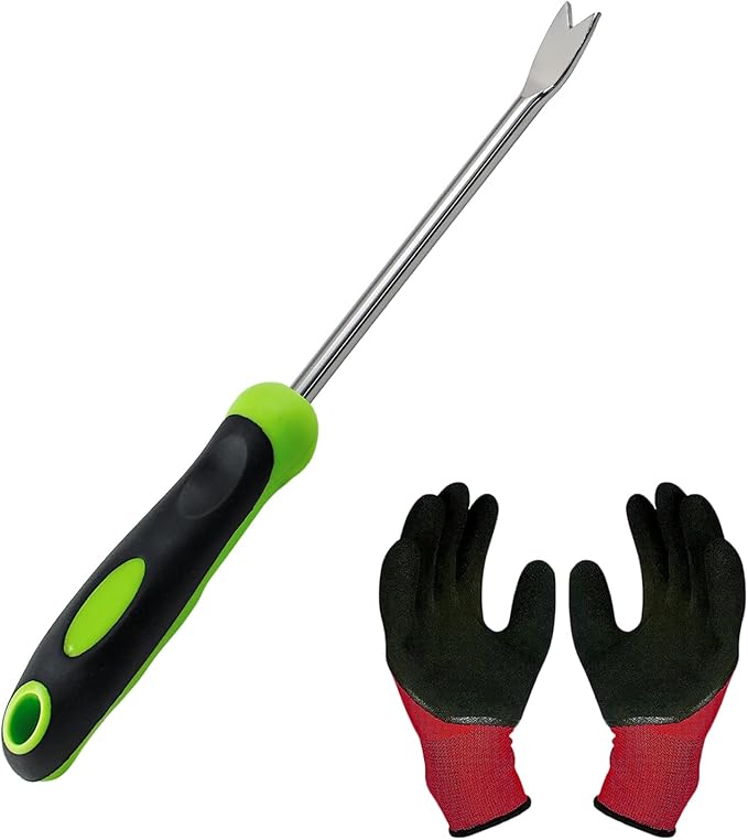 1 Pieces Hand Weed Puller Tool with Gloves, Stainless Steel Pronged Garden Weed Remover Tool, Garden Weeder Tool for Lawn Farmland Transplant Gardening Plant Tool