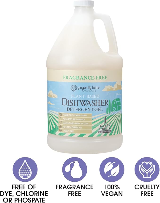 Ginger Lily Farms Botanicals Plant-Based Dishwasher Detergent Gel, 100% Vegan & Cruelty-Free, Fragrance-Free, 1 Gallon (128 Fl Oz) Refill