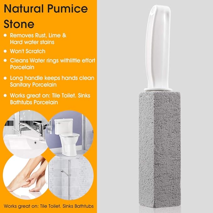 2 Pack Pumice Stone Toilet Bowl Cleaner with Handle, Hard Water Ring Remover & Stain Scrubber for Bathroom, Pool, Sink and Tub, Ergonomic Heavy Duty Cleaning Tool