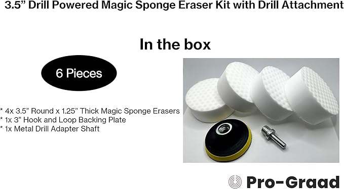 3.5” Drill Powered Magic Sponge Eraser 6 Pieces Kit with Drill Attachment | 25% Thicker Ultra Durable Melamine Cleaning Eraser Pads for Bathroom Kitchen Floors Walls Baseboards Crayon Marker and More
