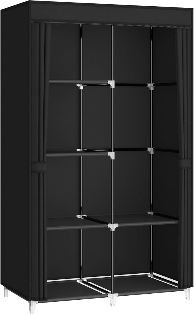MOGELAFOO 35 Inch Portable Closet for Small Room, Clothing Organizer Storage Rack with Non-Woven Fabric Cover, 1 Clothes Hanging Rod, 6 Storage Shelves, Black