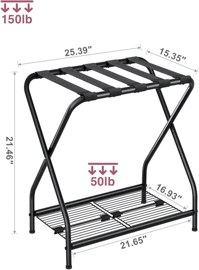 1-Piece Foldable Black Luggage Rack Stand with Storage Shelf – Heavy Duty Metal Suitcase Holder, 150 lbs Top, 50 lbs Bottom, Fits 20”-28” Luggage – Guest Room, Bedroom, Hotel LR-BK-1