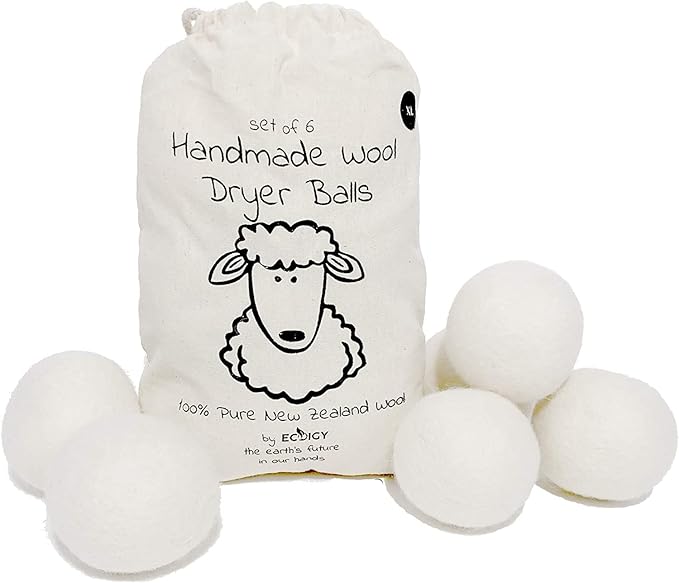 Wool Dryer Balls XL 6-Pack - 100% Pure New Zealand Wool, Ecoigy Natural Fabric Softener, Reduces Wrinkles & Drying Time, Ideal for Essential Oils, Dryer Sheets Alternative,Dryer Balls Laundry Reusable
