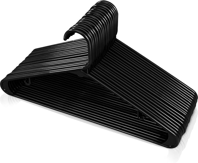 Utopia Home Plastic Hangers 100 Pack - Space Saving Clothes Hanger - Durable & Strong Closet Organizers and Storage with Built-in Strap Hooks - Essential for Shirts, Pants, Skirts & Coats (Black)