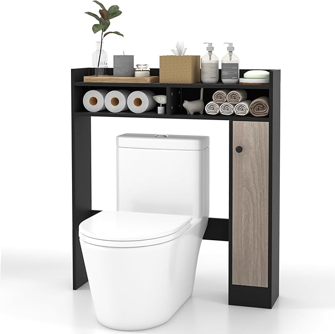 Giantex Short Over The Toilet Storage Cabinet, Bathroom Organizer w/Single Door Cabinet & Adjustable Shelves, Freestanding Space Saver Above Toilet Storage for Restroom, Laundry Room (Black+Oak)