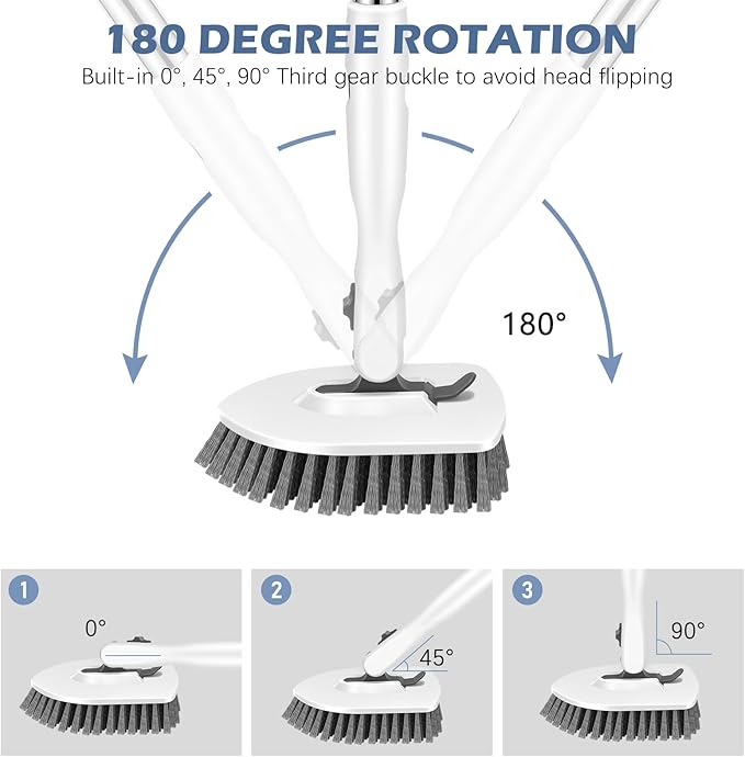 SetSail 4-in-1 Tile Tub Floor Scrubber with 52-inch Adjustable Long Handle Shower Cleaner Brush Comes with Window Scrubber and 3 Replacement Brush Heads for Cleaning Bathroom Tub Tile, White Grey