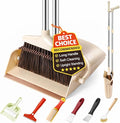 Broom and Dustpan Set with Long Handle and 6 Bonus Cleaning Tools, Upright Standing Combo with Self-Cleaning Teeth & Windproof Dustpan for Pet Hair, Home, Kitchen, Garage, Apartment