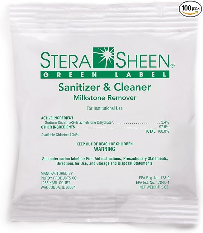 Stera Sheen - Green Label Sanitizer + Cleaner + Milkstone Remover | Cleaner and Sanitizer for Soft Serve + Shake Machines + Ice Maker and Ice Machines | By Purdy Products, 100 count, 2 Ounce Sachets