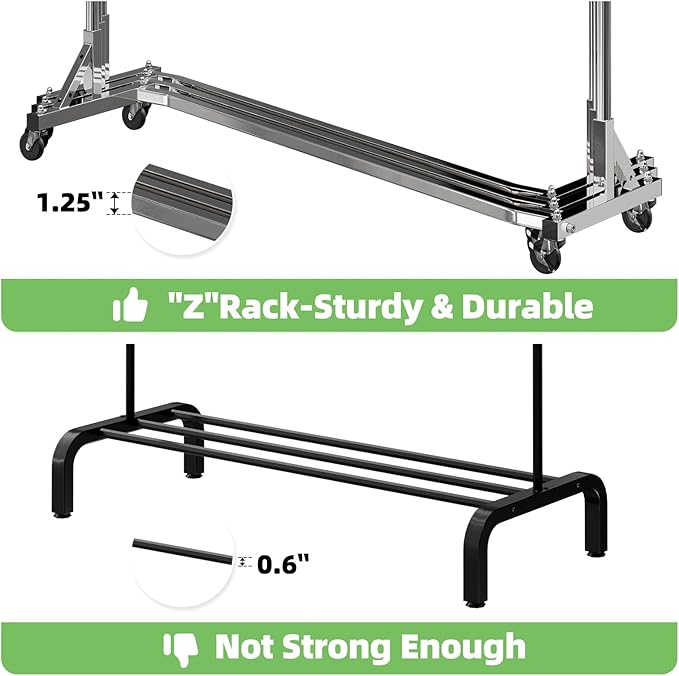 Simple Trending Industrial Grade Z Base 70in extra long Clothes Garment Rack, Commercial Grade Rolling Clothing Rack, Heavy Duty 450lb Load with Wheels, Chrome