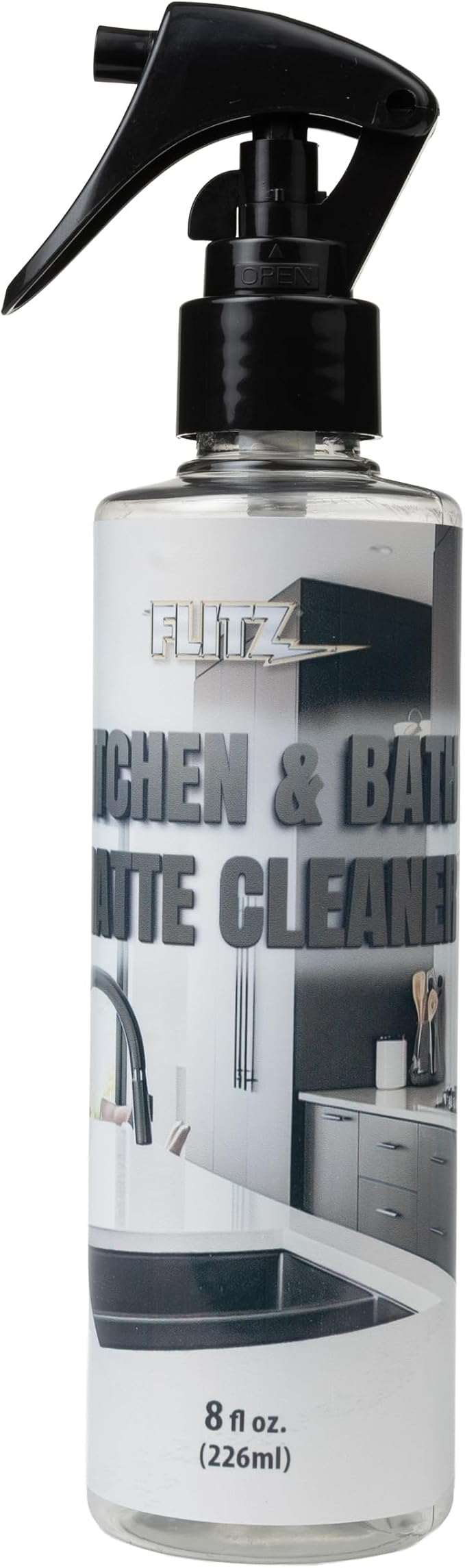FLITZ Kitchen & Bath Matte Cleaner - 8oz of USA-Made Non-Abrasive Matte Black Cleaner - Removes Light Grease, Smudges, and Water Spots - Water-Based Cleaning Spray for Sinks and Baths (1 Pack)