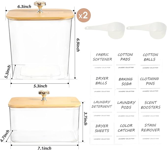 3 Pack Laundry Room Organization Storage Containers, Plastic Clear Laundry Pods Container & Dryer Sheet Holder Jars with Lids, Scoops & Labels for Detergent, Powder, Dryer Balls, Beads