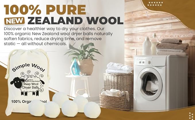 XL Dryer Balls from 100% New Zealand Wool (6-Pack), Natural & Reusable Fabric Softener Balls for 1000+ Loads, Essential Oil Ready Laundry Accesories, Reduces Wrinkles & Cuts Drying Time