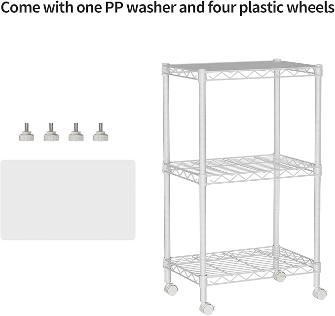 Golpart Small 3 Tier Shelves Storage Wire Shelving Unit Metal Shelf Adjustable Organizers Storage Shelving with Wheels for Bathroom Laundry Room Kitchen Pantry12”D x 18”W x 30.7”H White