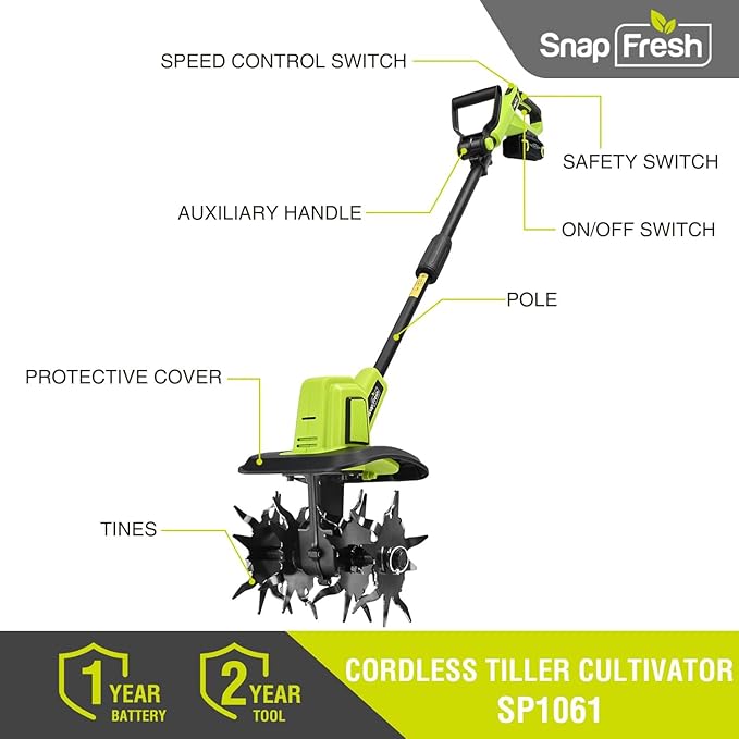 SnapFresh Cordless Tiller Cultivator, 20V Electric Garden Tiller with 4.0Ah Battery and Fast Charger, 300 RPM Battery Powered Rototiller, 9" Width 6.6" Depth, 3 Speed Handheld Tiller with Steel Tines