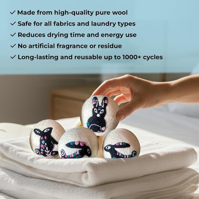 Ezhippie Quality Wool Dryer Balls - 6 XL Rabbit Pack - 1000+ Loads - Pure Organic Wool - Reusable Natural Fabric Softener Perfect with Essential Oils, Reduce Clothing Static and Wrinkles