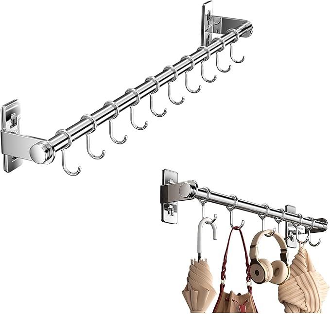 Hanging Wall Mount knife Wall Mount, Kitchen Organizer Storage Shelf for Utensils Spatula Spoon, Space-Saving Knife Rack with Hooks,Wall-Mounted Utensil Holder (Silver, 50CM+Single Pole+8Hooks)