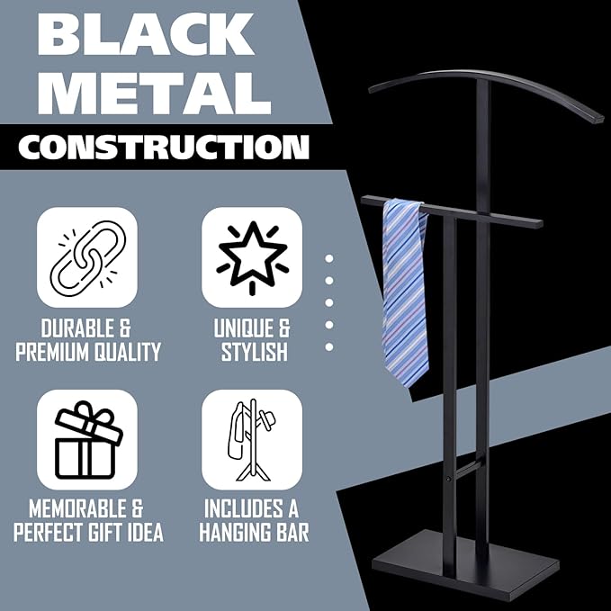 Kings Brand Furniture Dossi Modern Metal Suit Valet Stand, Clothes Rack Organizer with Jacket, Pants & Tie Holder, Space-Saving Garment Rack for Bedroom or Closet (Black)