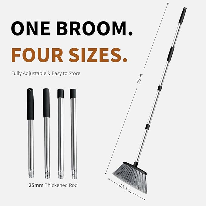 Broom, Outdoor Brooms for Sweeping Indoor, Adjustable 55" Pet Hair Removal Heavy Duty Broom for Floors Home Kitchen Garage Commercial Patio Industrial Snow (Black)