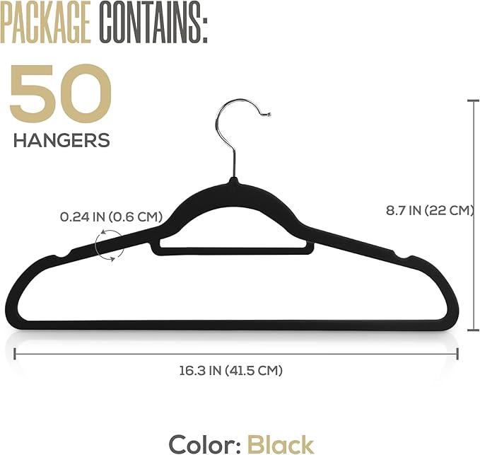 Utopia Home Premium Velvet Hangers 50 Pack - Non-Slip Clothes Hanger with Tie Bar - Black Hangers with 360 Degree Rotatable Hook - Heavy Duty Coat Hanger