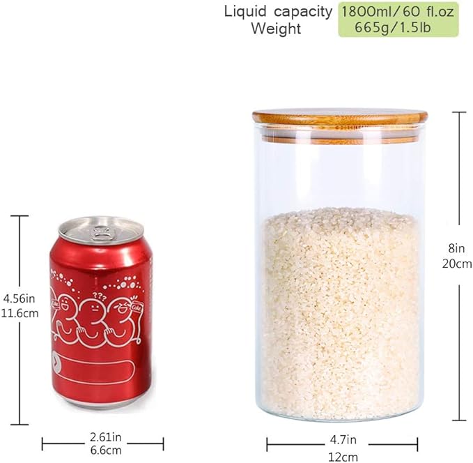 Glass Rice Storage Containers, 60 FL OZ (1800ml) Kitchen Food Jars with Airtight Lid, Stackable Clear Pantry Canister for Coffee Bean, Pet Treat, Flour, Loose Tea and More