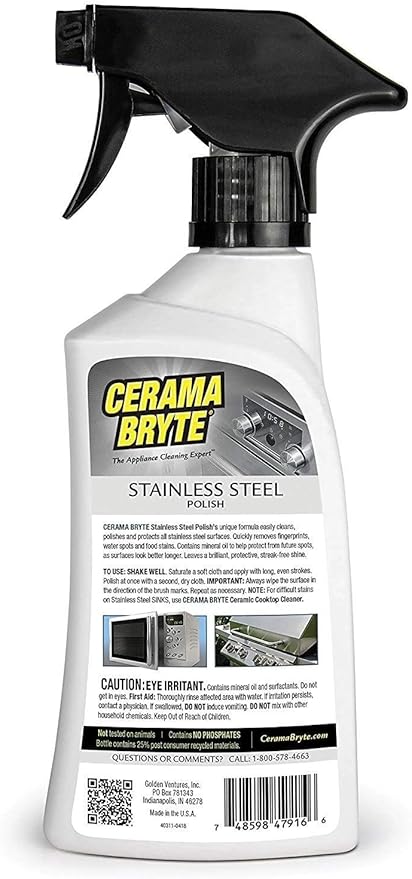 Cerama Bryte High Strength Protective Stainless Steel Appliance Cleaner & Polish Spray with Mineral Oil - 16 oz, Includes Large Microfiber Cloth