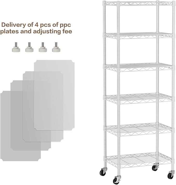 Golpart Small 6 Tier Shelf Storage Wire Shelving Unit Metal Shelves Adjustable Organizers Storage Shelving with Wheels for Bathroom Laundry Room Kitchen Pantry12”D x 18”W x 61.6”H White