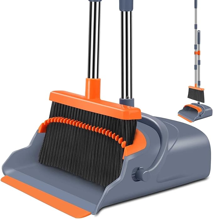 Upgrade Broom and Dustpan Set, Self-Cleaning with Dustpan Teeth, Indoor&Outdoor Sweeping, Ideal for Dog Cat