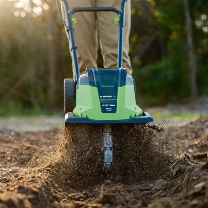 Earthwise Power Tools by ALM TC722011 11-Inch 2x20-Volt Lithium-Ion Cordless Electric Garden Tiller Cultivator, 2x20 Volt 4Ah Battery and Charger Included, Green