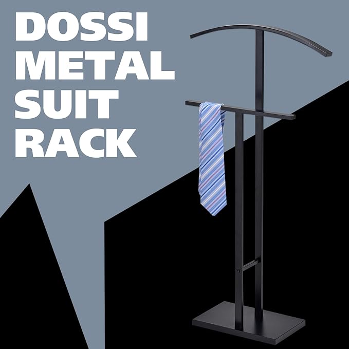 Kings Brand Furniture Dossi Modern Metal Suit Valet Stand, Clothes Rack Organizer with Jacket, Pants & Tie Holder, Space-Saving Garment Rack for Bedroom or Closet (Black)