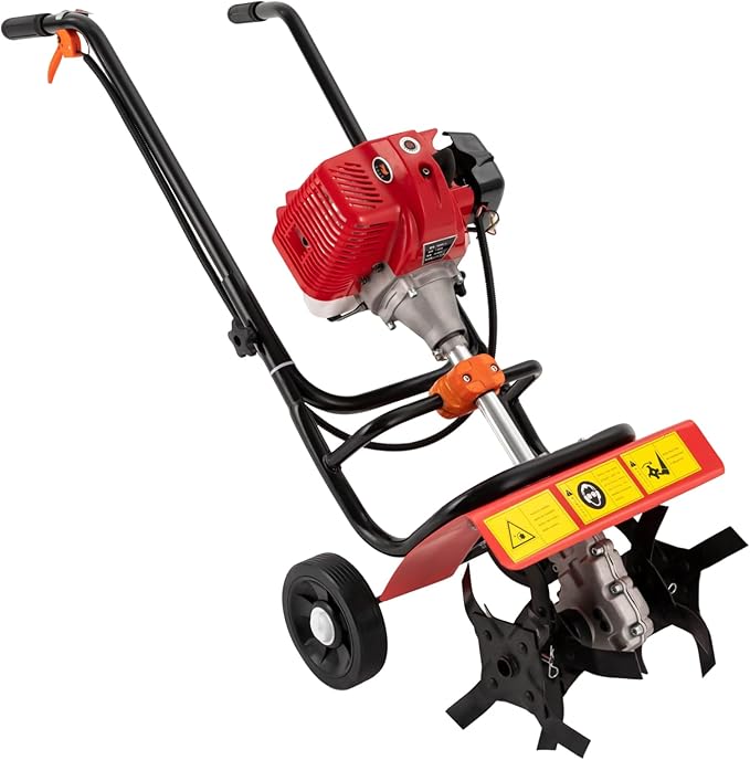 Gas Powered Tiller Cultivator 52cc 2 Stroke Gas Garden Tiller with Hand-Pull Recoil and 1.9KW 6500-7000RPM Gasoline Engine, for Plowing/Tilling/Furrowing