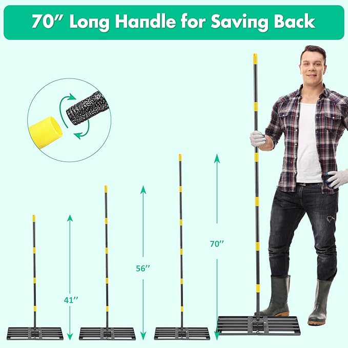 Lawn Leveling Rake,Folding 30x10 Inch Ground Plate,56 Inch Adjustable Long Handle Yard Level Tool with Curved Edge,Heavy Duty Landscaping Lawn Leveler for Grass, Golf Field, Soil Sand Dirt Spreader