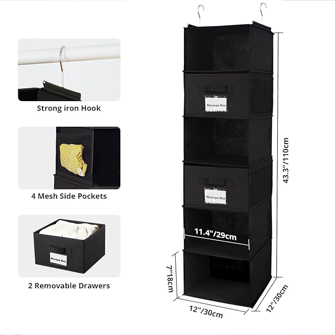 BrilliantJo 2 Pack 6 Shelves Hanging Closet Organizer with 2 Drawer, Hanging Storage with 4 Side Pockets for Clothes Shoes, 43.5"x12"x12"(Black)