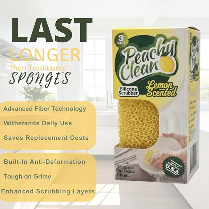 Peachy Clean Kitchen Dish Sponge & Scrubbers, Fresh Lemon Scent, Non-Scratch, Odor-Resistant, Durable Silicone Dish Sponges for Kitchen.
