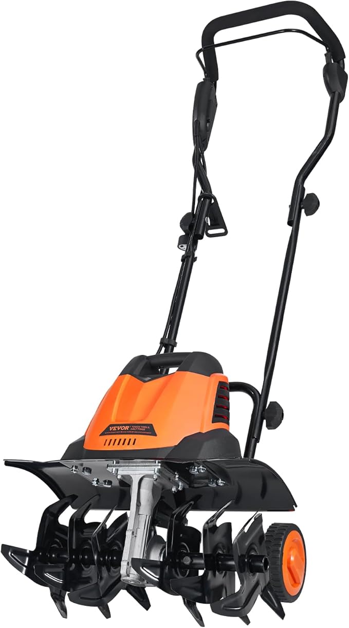 VEVOR 12 Amp Electric Tiller, 18" Tilling Width & 3.94" Tilling Depth, Corded Electric Cultivator with Adjustable Wheels, Steel Mn Tines, Rototiller for Garden Lawn Easy Soil Digging Cultivation