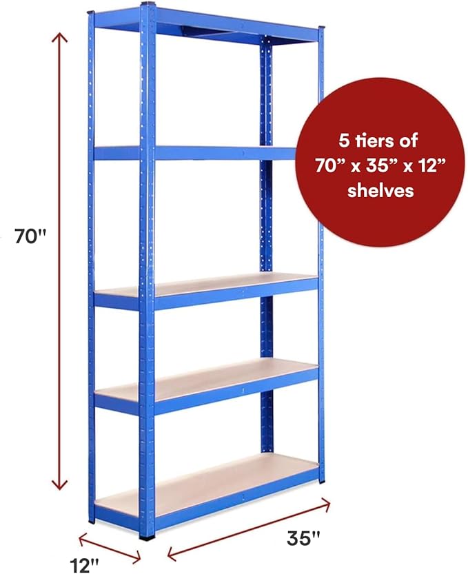 Garage Shelving Units - 71" H x 35" L x 12" W - Heavy Duty Racking - Shelves for Storage -1 Bay - Blue - 5 Tier - 2000LB Capacity (400LB Per Shelf) - Workshop, Shed, Office - 5 Year Warranty