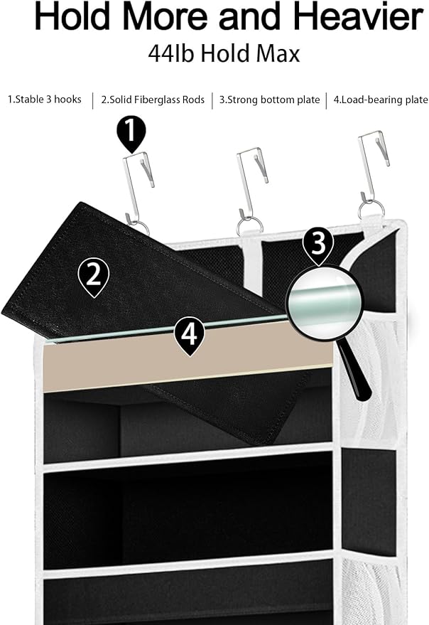 TAHAVICE 2 Pack Over The Door Storage Organizer with 5 Pockets 10 Mesh Side Pockets, 44 lbs Weight Capacity Door Hanging Organizers and Storage for Bedroom,Bathroom,Nursery,Pantry,Dorm(Black)