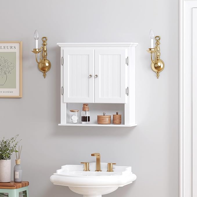 UTEX Bathroom Wall Cabinet, Bathroom Medicine Cabinet with Adjustable Shelves and Doors, Space Saving Wall Storage Cabinet, White