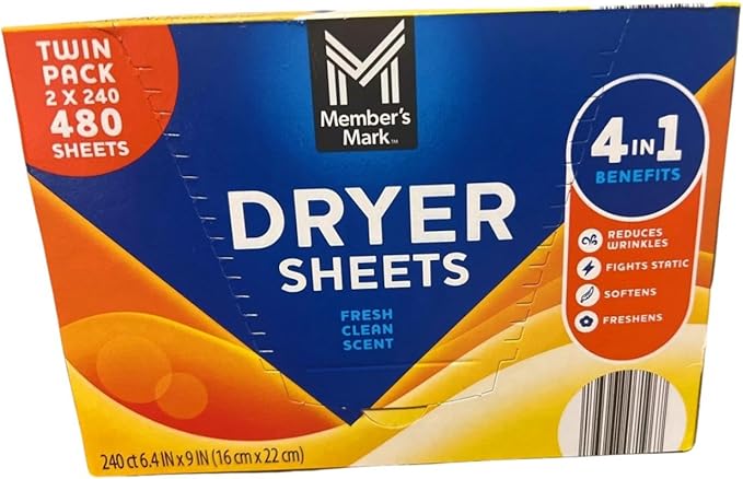 Dryer Sheets, Fresh Clean Scent, Twin Pack, 480 Sheets Total, 4-in-1 Reduces Wrinkles, Fights Static, Softens, Freshens