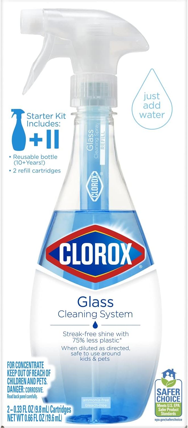 Clorox Glass Cleaner Cleaning Kit, 1 Reusable Bottle Plus 2 Refill Cartridges, Multi-Surface Cleaner, Home Cleaning Kit, 3 Piece Set