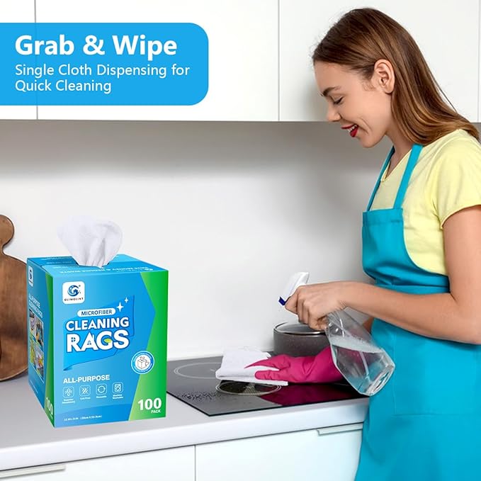 GLIMGLINT White Microfiber Cleaning Cloth, 100 Pack Cleaning Rags, Lint-Free, Ultra Absorbent Reusable Paper Towels for Home, Kitchen, Car, Garage or Shop, Dish Rags, 11" x 9"