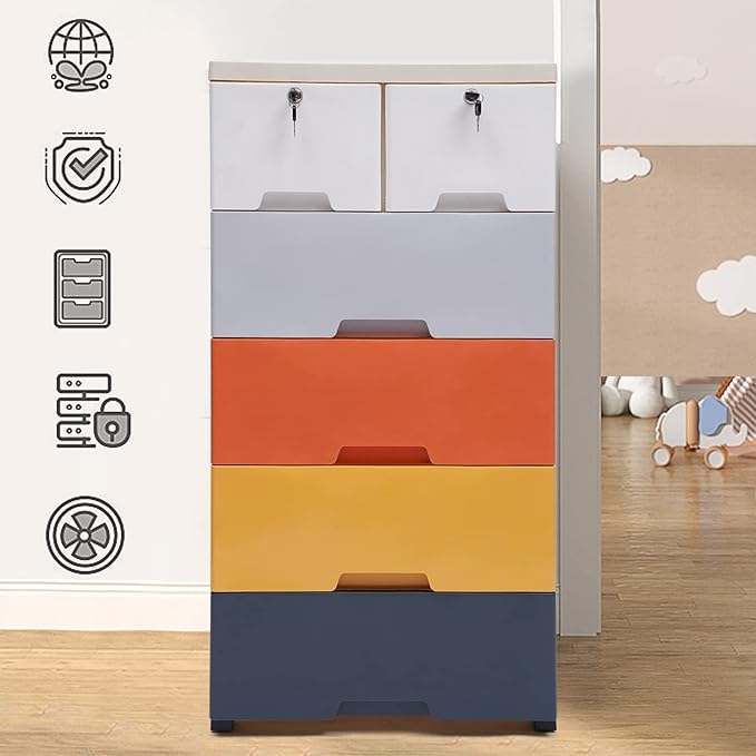 5 Tier Plastic Clothes Storage Organizer with 6 Drawers, Clothes Storage Organizer 66lbs Capacity, Tall Dresser Plastic for Storing Clothes Towels Toys and Some Other Small Items