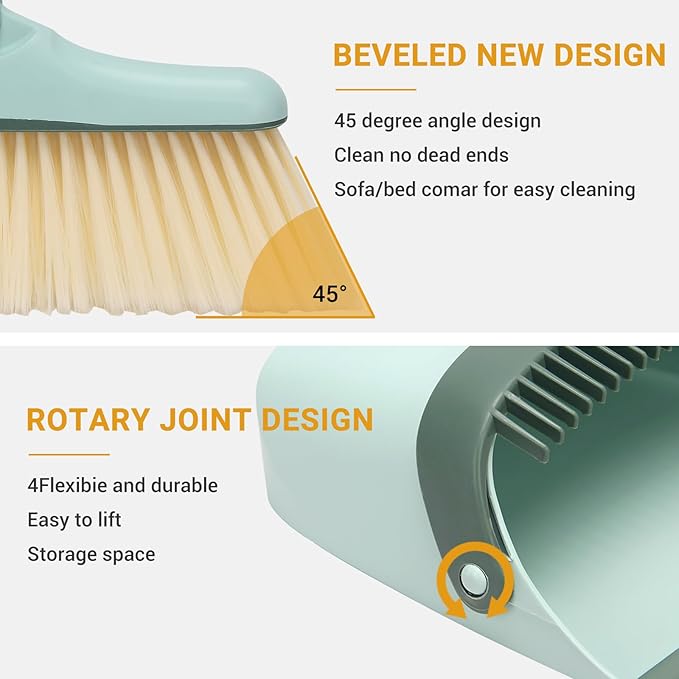 Broom and Dustpan Set,Long Handle Broom and Dustpan Set,Broom with Stand Up Dustpan Combo Set,for Home, Office, Lobby(Green)