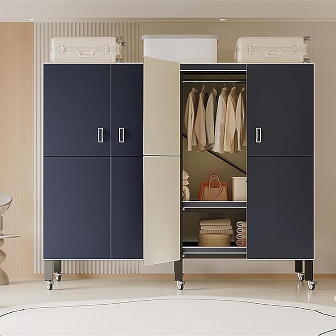 Heavy Duty Covered Clothes Rack with Magnetic Door Foldable Portable Wardrobe Closet for Hanging Clothing Rolling Black Metal Garment Rack on Wheels Closet System (Navy Blue, 58.9in)