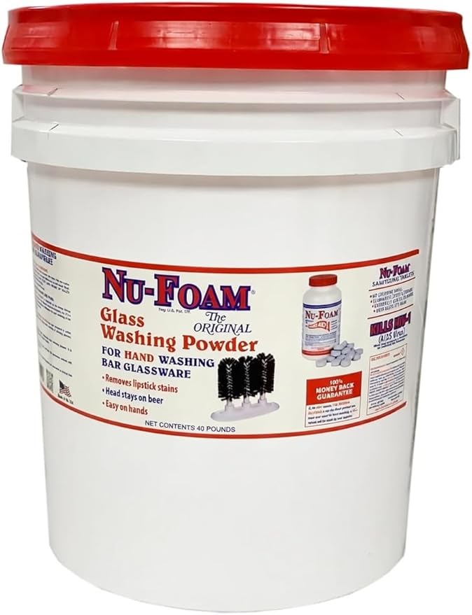 Nu-Foam Glass Washing Powder - Detergent for Bar Glassware – Original Streak-Free Solution - Hand Washing Bar, Tavern, Brewery Supplies - Spotless Serving Glasses - Easy On Hands - 40Lb Pail